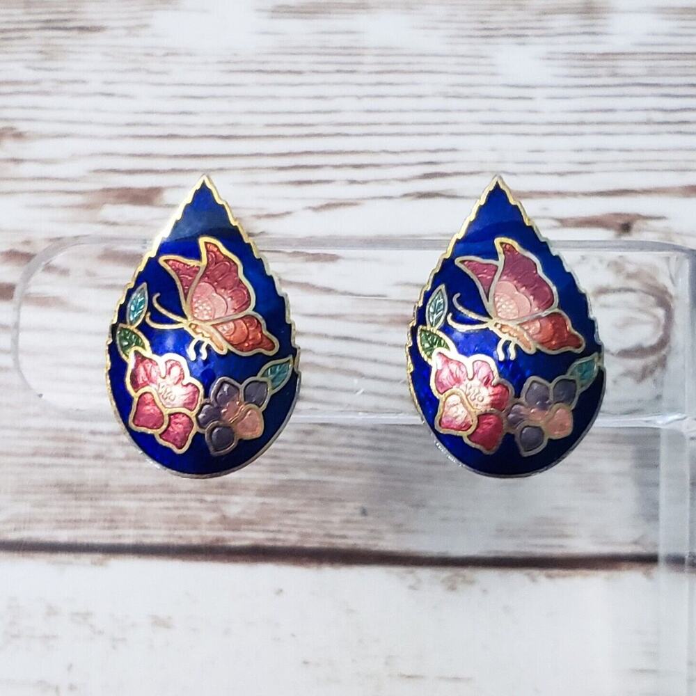 Vintage Clip On Earrings - Stunning Blue with Flower & Butterfly Design
